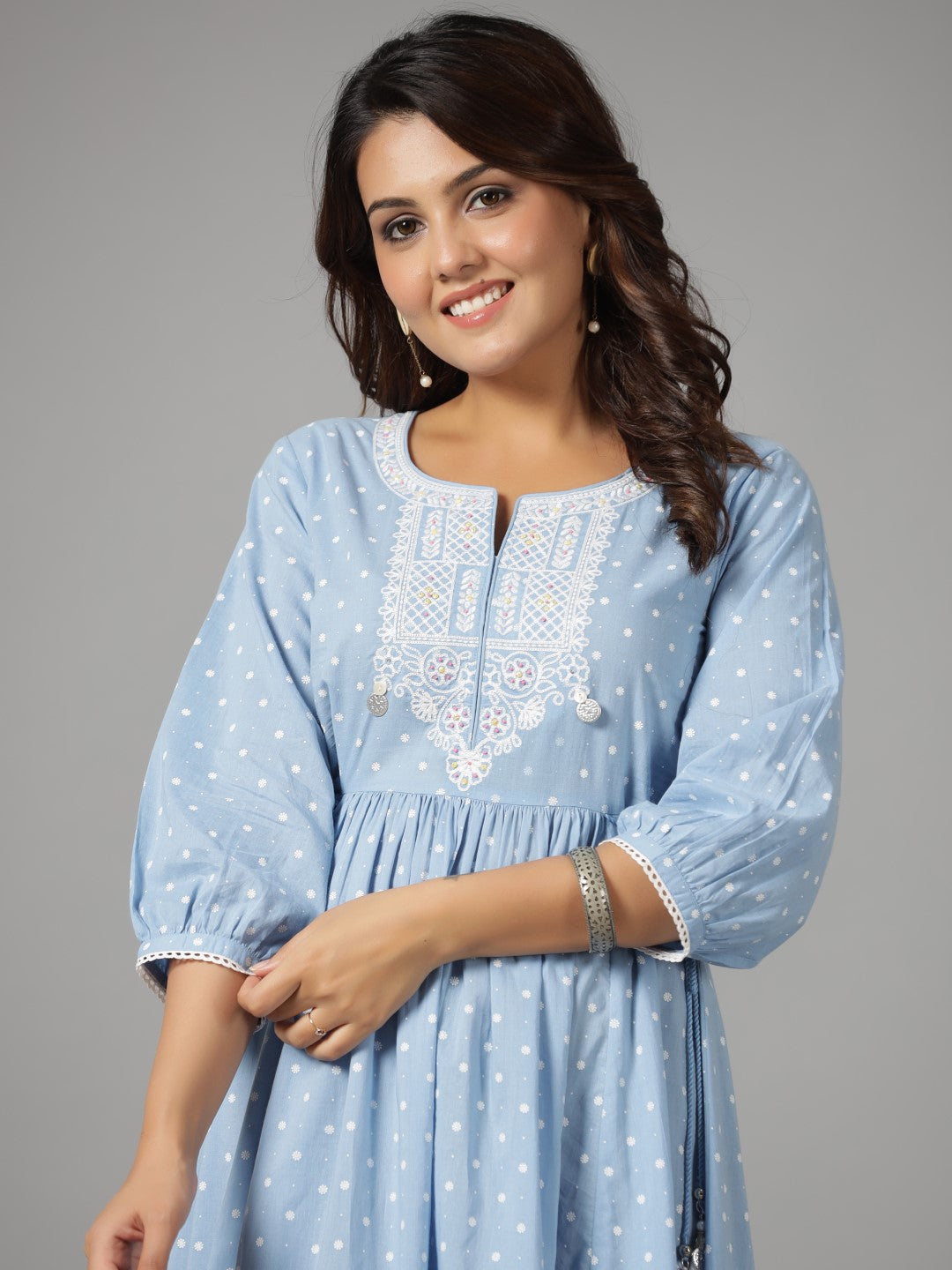 Juniper Women's Sky Blue Ethnic Motif Printed Pure Cotton Dress With Beads & Sequins Work - Distacart