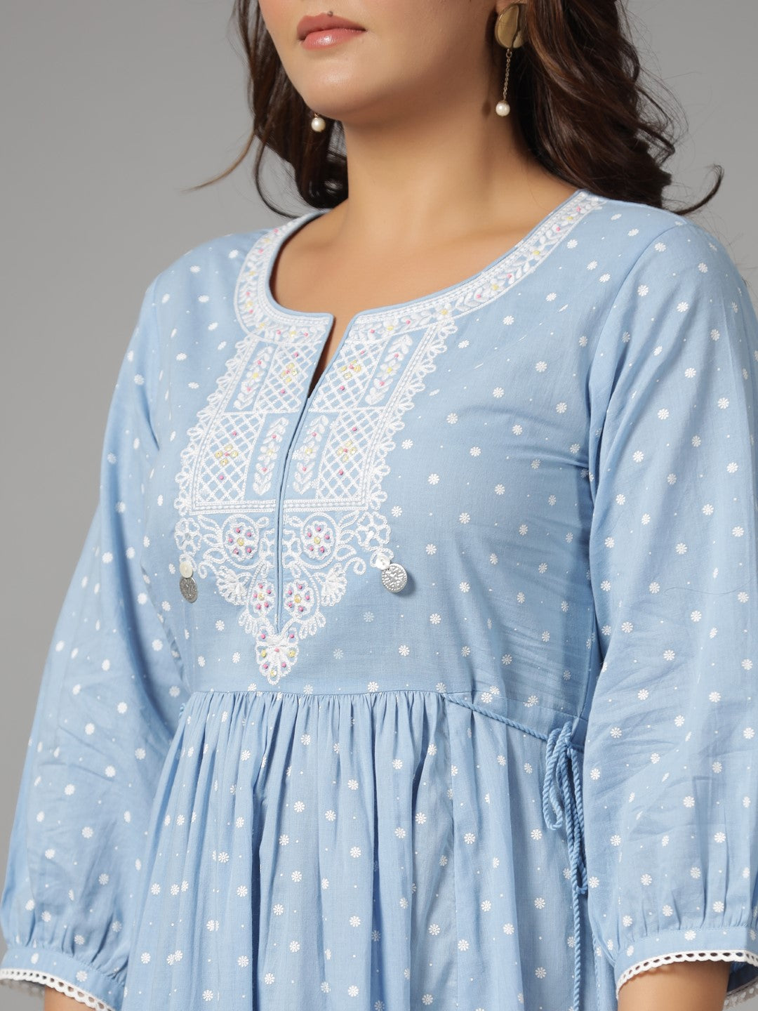 Juniper Women's Sky Blue Ethnic Motif Printed Pure Cotton Dress With Beads & Sequins Work - Distacart