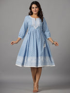 Juniper Women's Sky Blue Ethnic Motif Printed Pure Cotton Dress With Beads & Sequins Work - Distacart