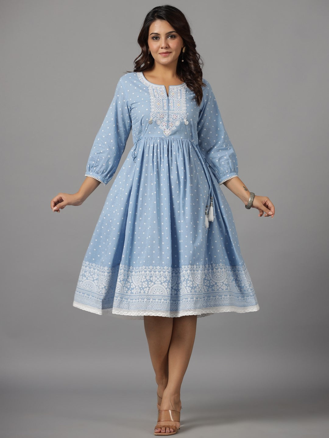Juniper Women's Sky Blue Ethnic Motif Printed Pure Cotton Dress With Beads & Sequins Work - Distacart