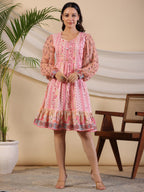 Juniper Women's Pink Wonderland Floral Printed Pure Cotton Midi Dress With Pintucks & 3D Handwork - Distacart