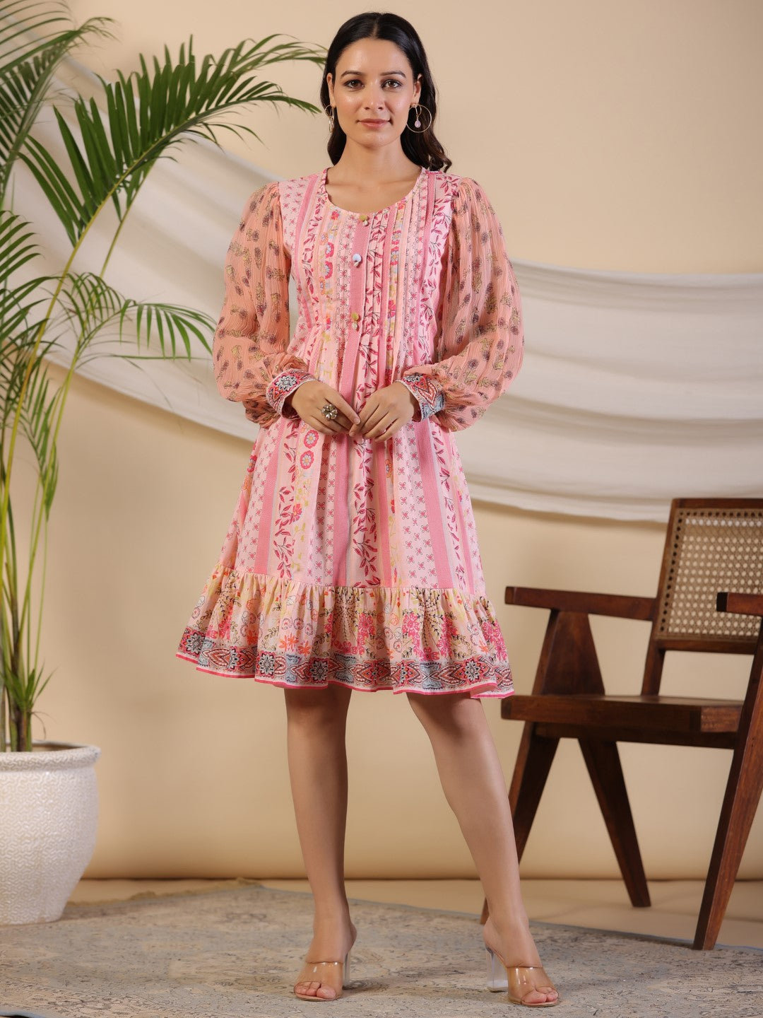Juniper Women's Pink Wonderland Floral Printed Pure Cotton Midi Dress With Pintucks & 3D Handwork - Distacart