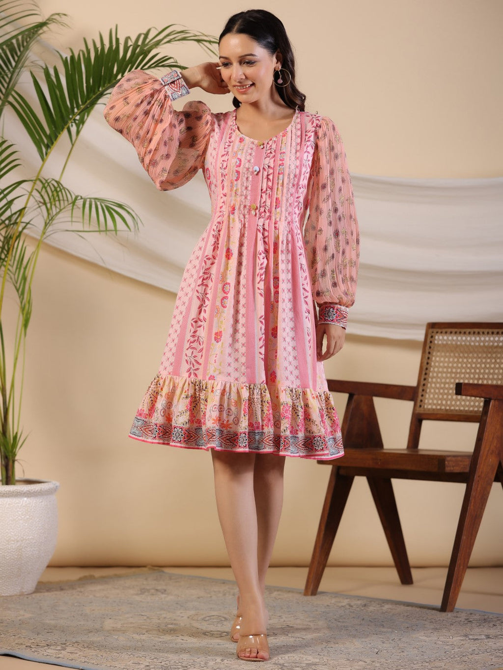 Juniper Women's Pink Wonderland Floral Printed Pure Cotton Midi Dress With Pintucks & 3D Handwork - Distacart