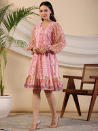 Juniper Women's Pink Wonderland Floral Printed Pure Cotton Midi Dress With Pintucks & 3D Handwork - Distacart