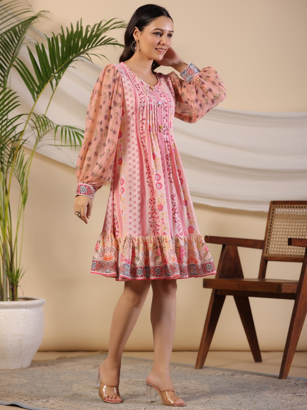 Juniper Women's Pink Wonderland Floral Printed Pure Cotton Midi Dress With Pintucks & 3D Handwork - Distacart