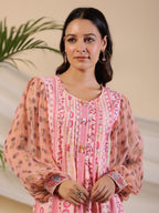 Juniper Women's Pink Wonderland Floral Printed Pure Cotton Midi Dress With Pintucks & 3D Handwork - Distacart