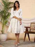 Juniper Women's White Pure Cotton Alia Cut Mirror Work Tiered Midi Dress With Lining - Distacart