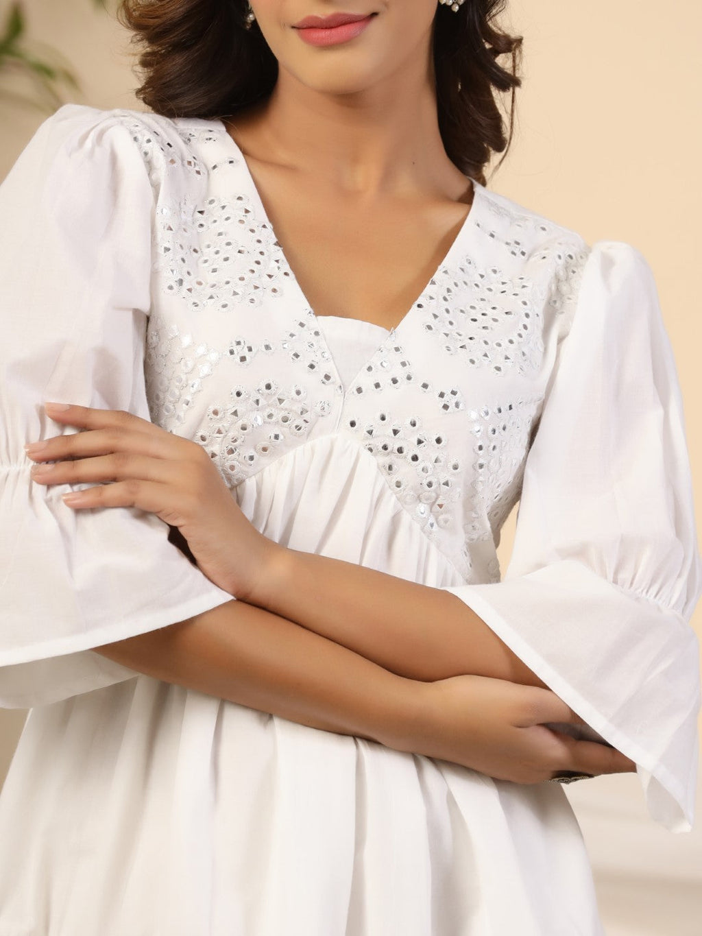 Juniper Women's White Pure Cotton Alia Cut Mirror Work Tiered Midi Dress With Lining - Distacart