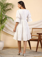 Juniper Women's White Pure Cotton Alia Cut Mirror Work Tiered Midi Dress With Lining - Distacart