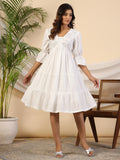 Juniper Women's White Pure Cotton Alia Cut Mirror Work Tiered Midi Dress With Lining - Distacart