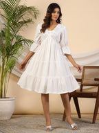 Juniper Women's White Pure Cotton Alia Cut Mirror Work Tiered Midi Dress With Lining - Distacart