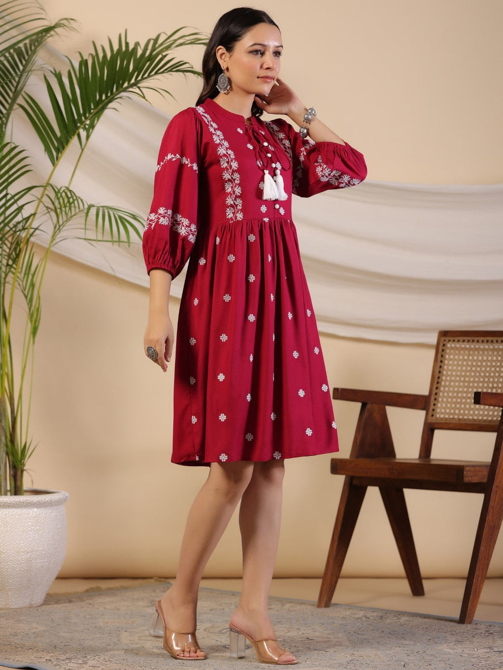 Juniper Women Wine Rayon Embroidered Short Dress - Distacart
