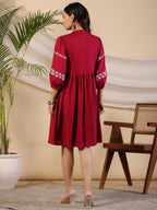 Juniper Women Wine Rayon Embroidered Short Dress - Distacart