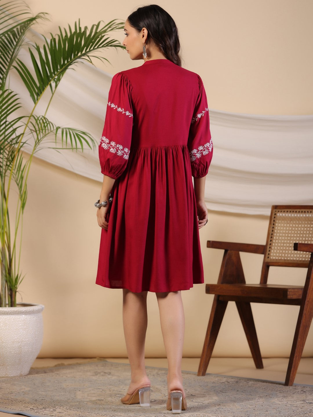 Juniper Women Wine Rayon Embroidered Short Dress - Distacart