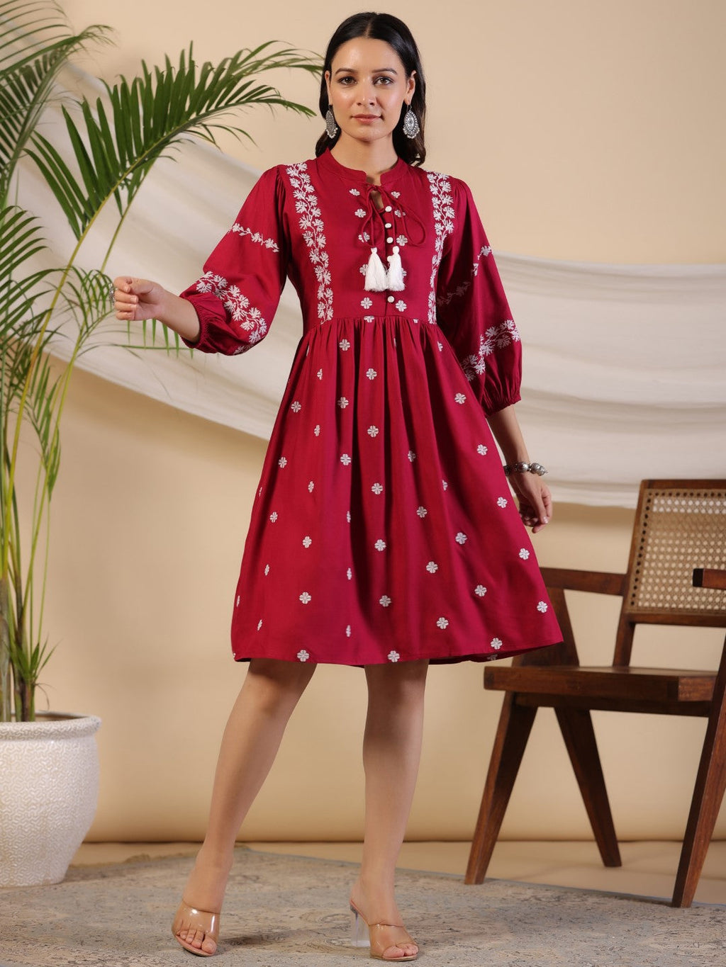 Juniper Women Wine Rayon Embroidered Short Dress - Distacart