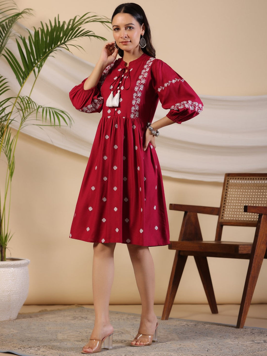 Juniper Women Wine Rayon Embroidered Short Dress - Distacart