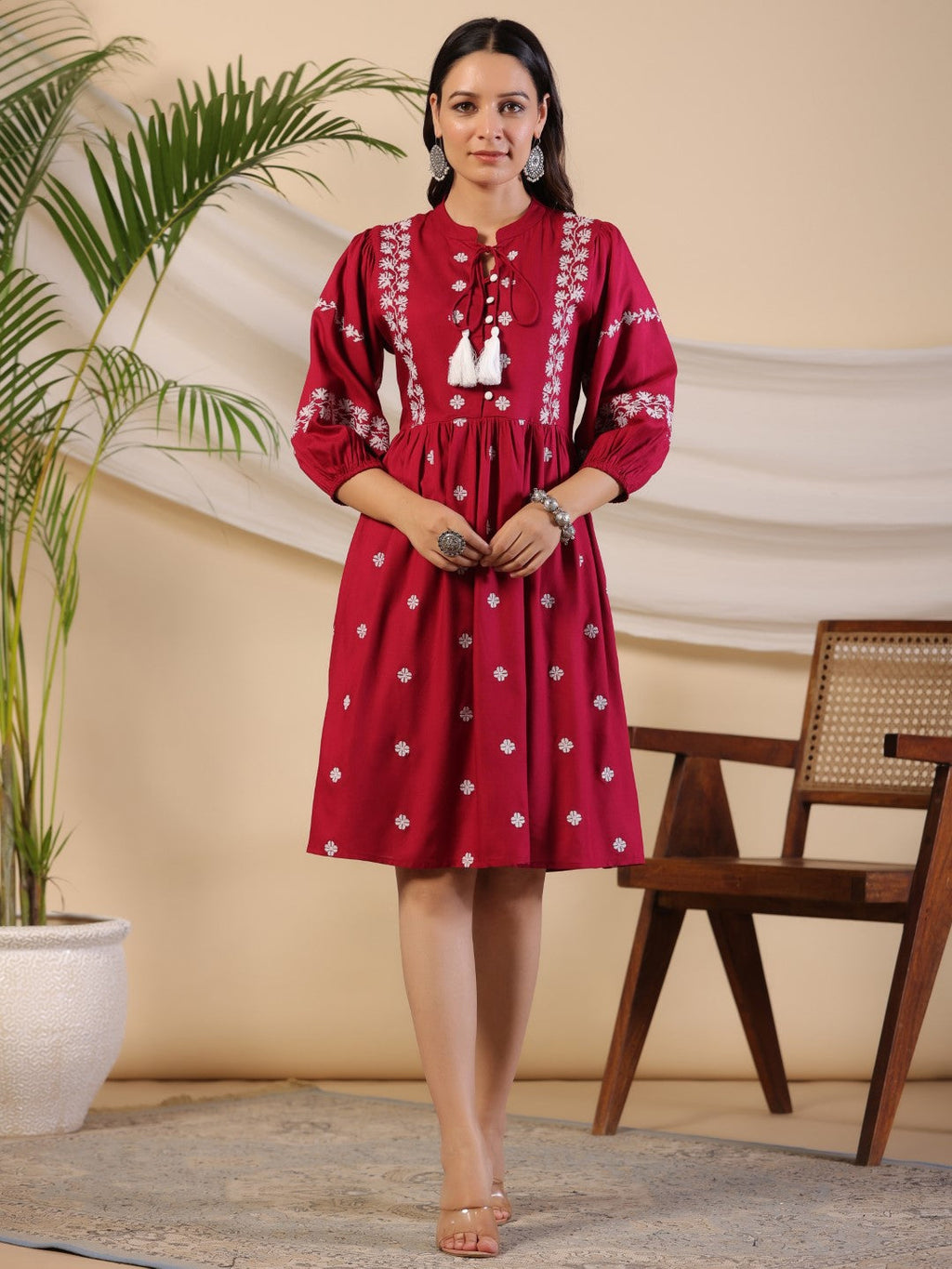 Juniper Women Wine Rayon Embroidered Short Dress - Distacart