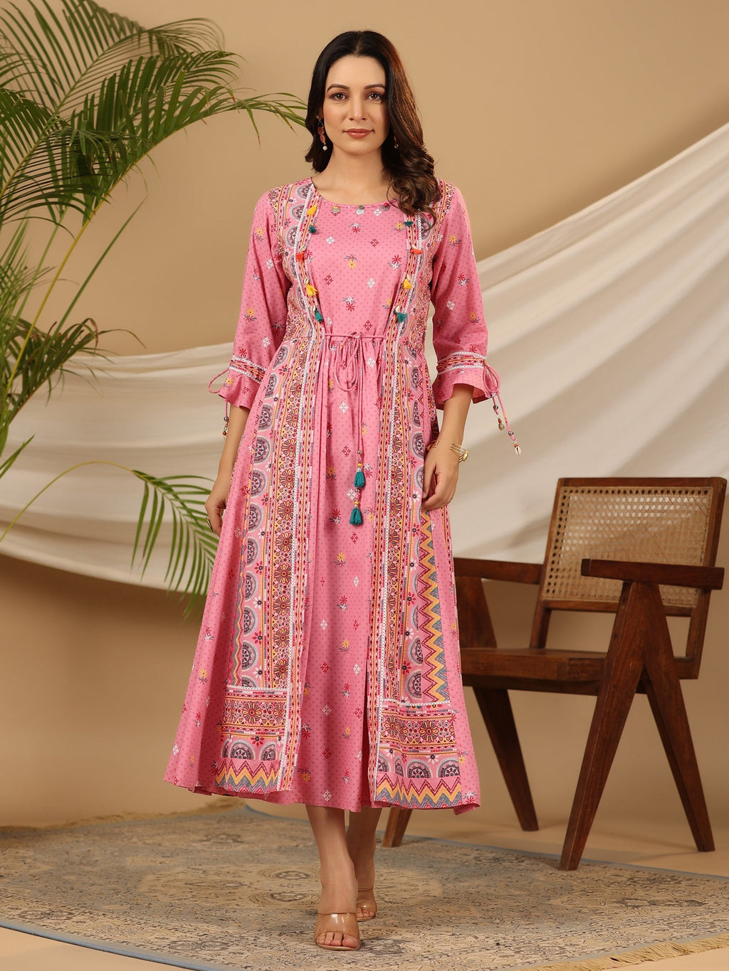 Juniper Women Pink Rayon Printed Flared Jacket Style Maxi Dress - Distacart
