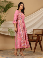 Juniper Women Pink Rayon Printed Flared Jacket Style Maxi Dress - Distacart