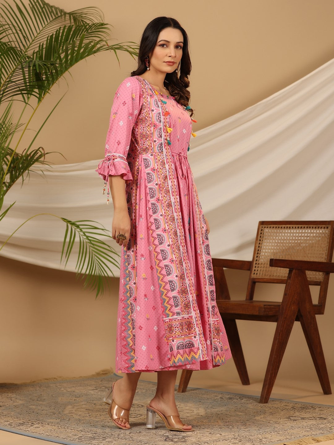 Juniper Women Pink Rayon Printed Flared Jacket Style Maxi Dress - Distacart