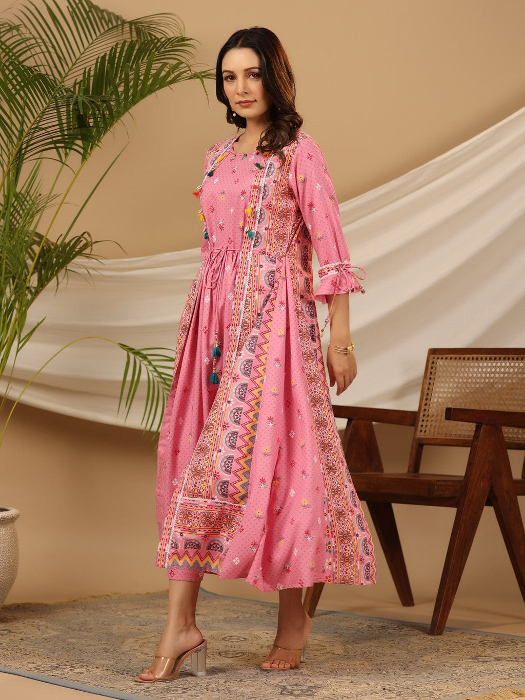 Juniper Women Pink Rayon Printed Flared Jacket Style Maxi Dress - Distacart