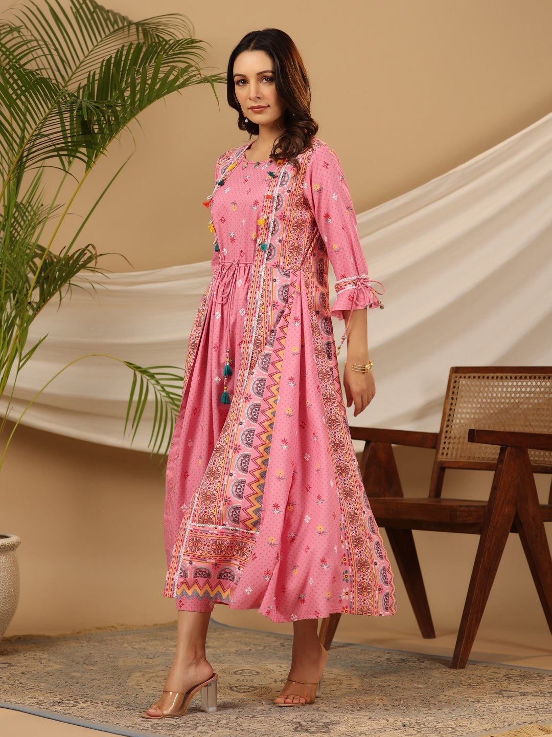 Juniper Women Pink Rayon Printed Flared Jacket Style Maxi Dress - Distacart