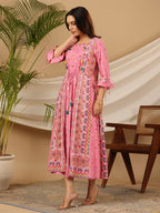 Juniper Women Pink Rayon Printed Flared Jacket Style Maxi Dress - Distacart