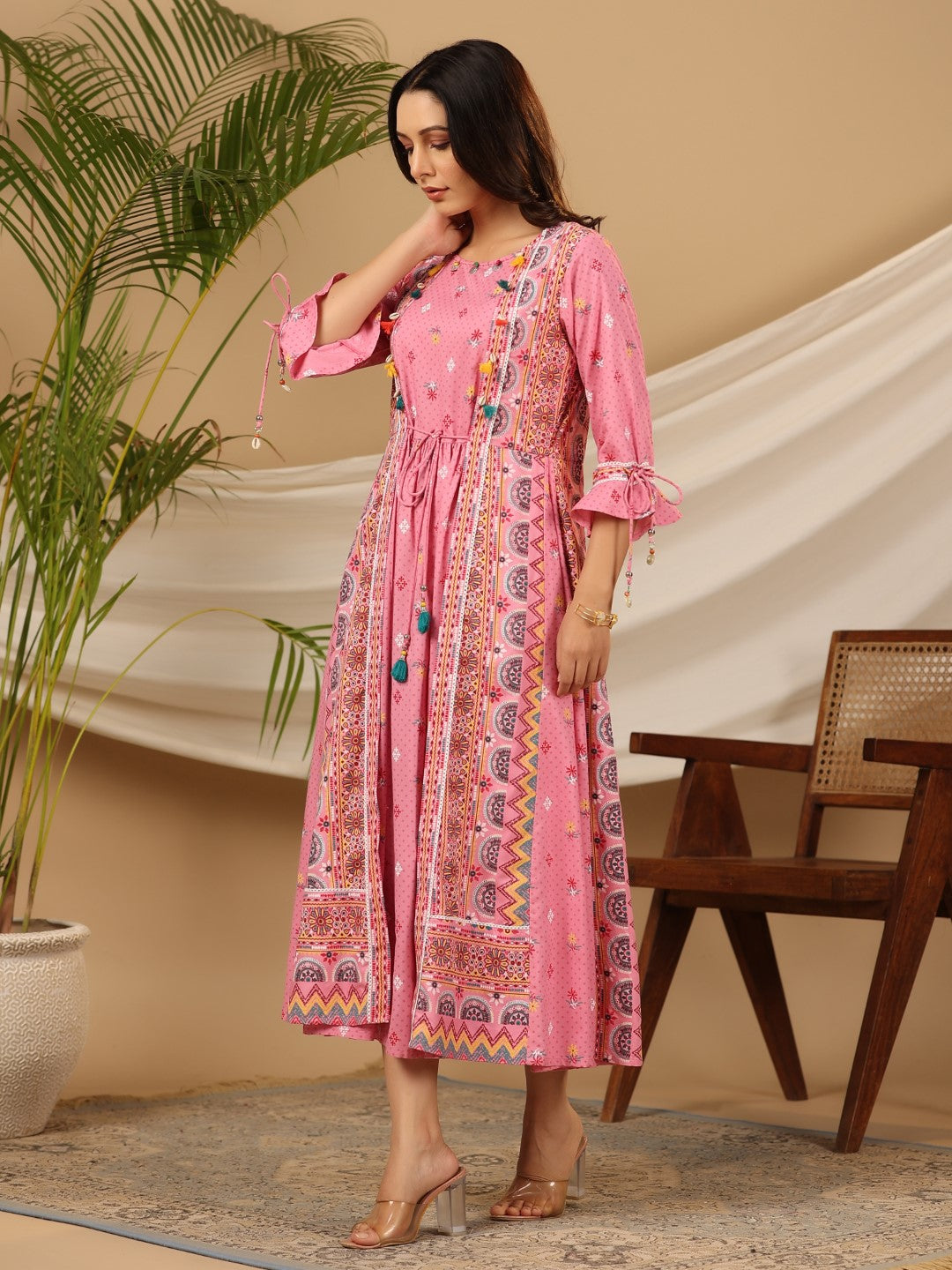 Juniper Women Pink Rayon Printed Flared Jacket Style Maxi Dress - Distacart
