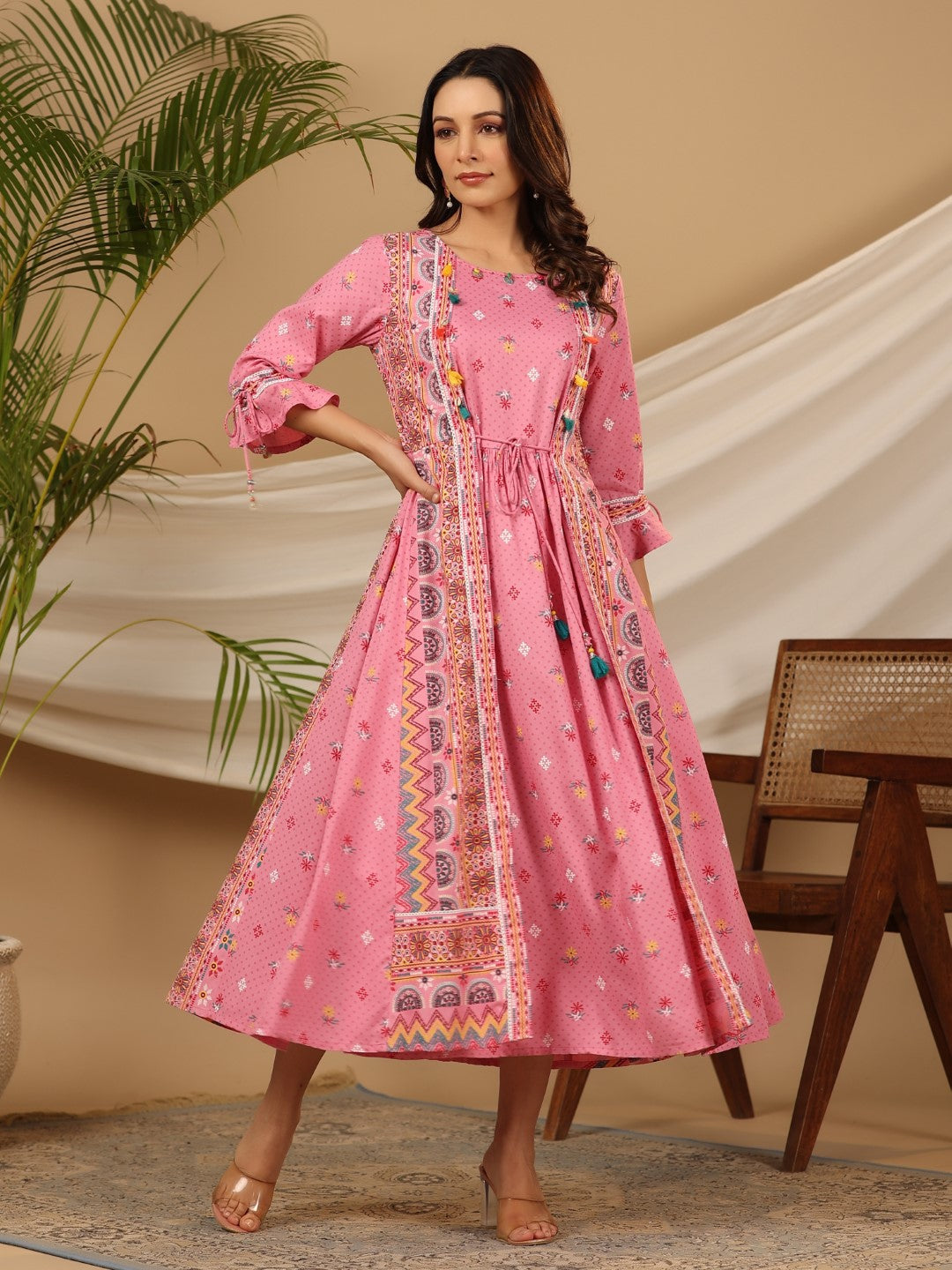 Juniper Women Pink Rayon Printed Flared Jacket Style Maxi Dress - Distacart