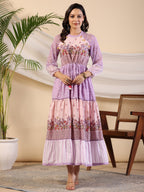 Juniper Purple Wonderland Cotton & Chiffon Floral Printed Tiered Maxi Dress With Lace & 3D Handwork - Distacart