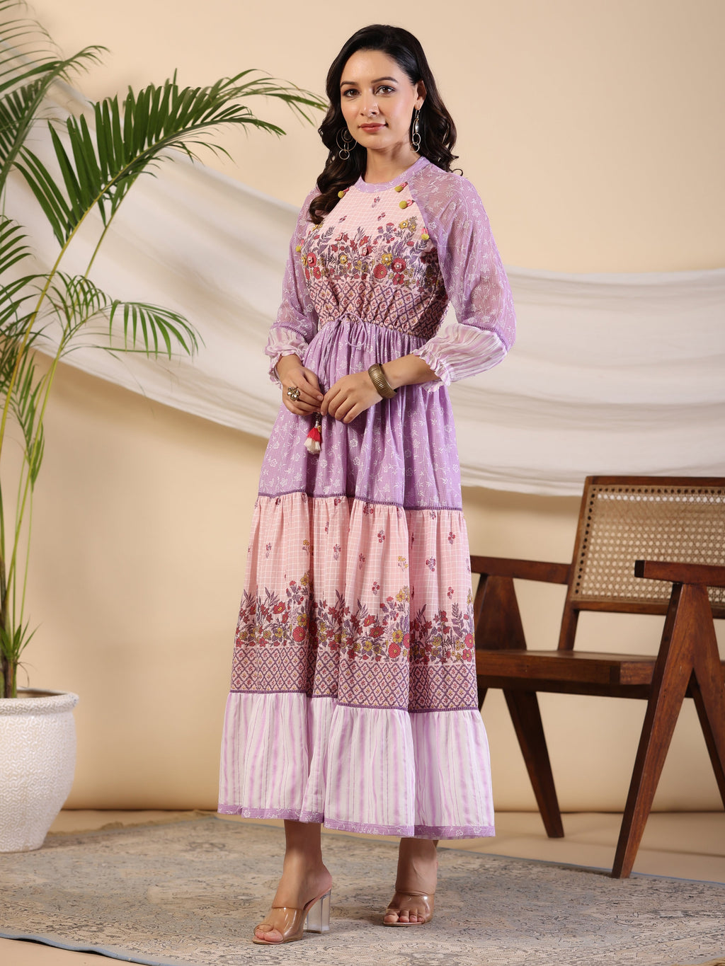 Juniper Purple Wonderland Cotton & Chiffon Floral Printed Tiered Maxi Dress With Lace & 3D Handwork - Distacart