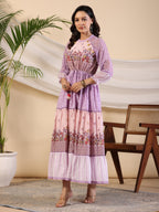 Juniper Purple Wonderland Cotton & Chiffon Floral Printed Tiered Maxi Dress With Lace & 3D Handwork - Distacart
