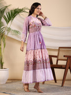 Juniper Purple Wonderland Cotton & Chiffon Floral Printed Tiered Maxi Dress With Lace & 3D Handwork - Distacart