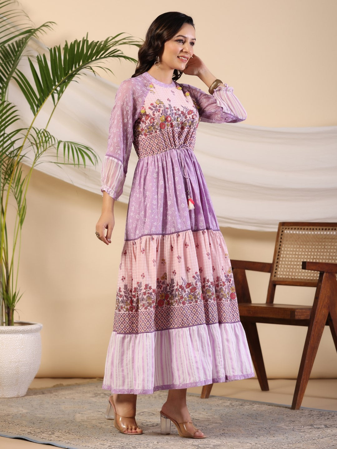 Juniper Purple Wonderland Cotton & Chiffon Floral Printed Tiered Maxi Dress With Lace & 3D Handwork - Distacart