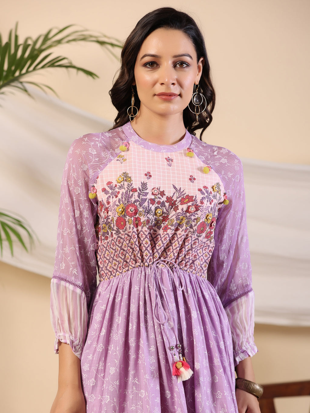 Juniper Purple Wonderland Cotton & Chiffon Floral Printed Tiered Maxi Dress With Lace & 3D Handwork - Distacart