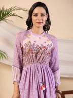 Juniper Purple Wonderland Cotton & Chiffon Floral Printed Tiered Maxi Dress With Lace & 3D Handwork - Distacart