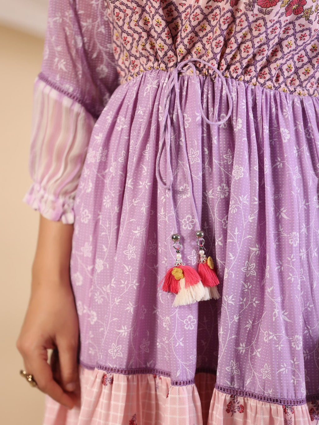 Juniper Purple Wonderland Cotton & Chiffon Floral Printed Tiered Maxi Dress With Lace & 3D Handwork - Distacart