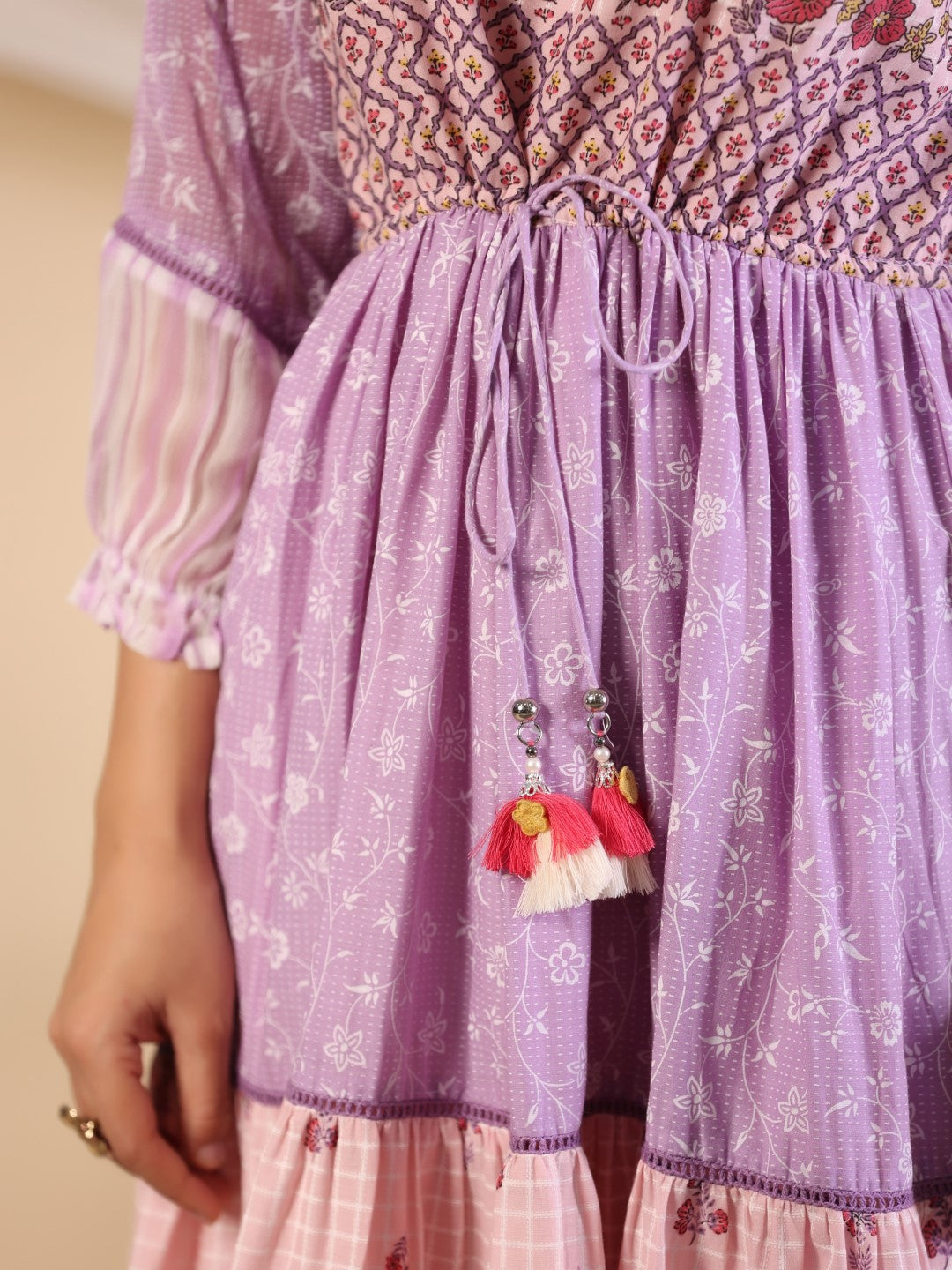 Juniper Purple Wonderland Cotton & Chiffon Floral Printed Tiered Maxi Dress With Lace & 3D Handwork - Distacart