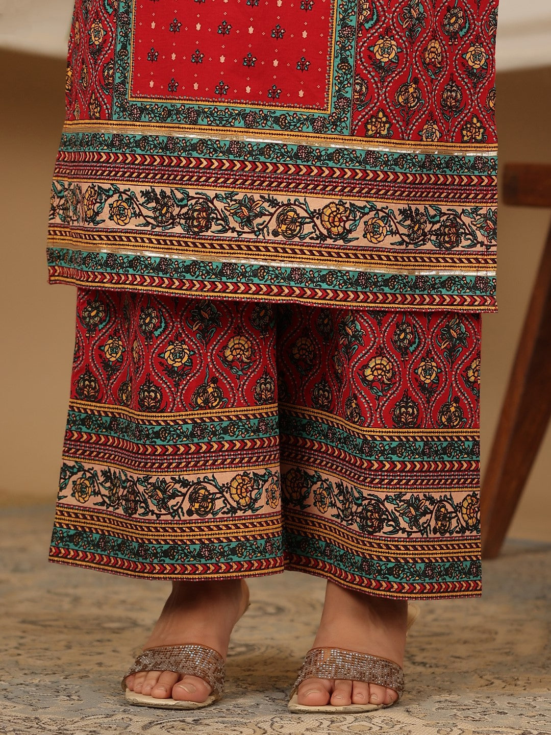 Juniper Red Madhubala Pure Cotton Ethnic Motif Printed Laced Kurta With Palazzo & Dupatta (3-Pcs) - Distacart
