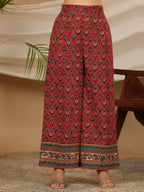 Juniper Red Madhubala Pure Cotton Ethnic Motif Printed Laced Kurta With Palazzo & Dupatta (3-Pcs) - Distacart