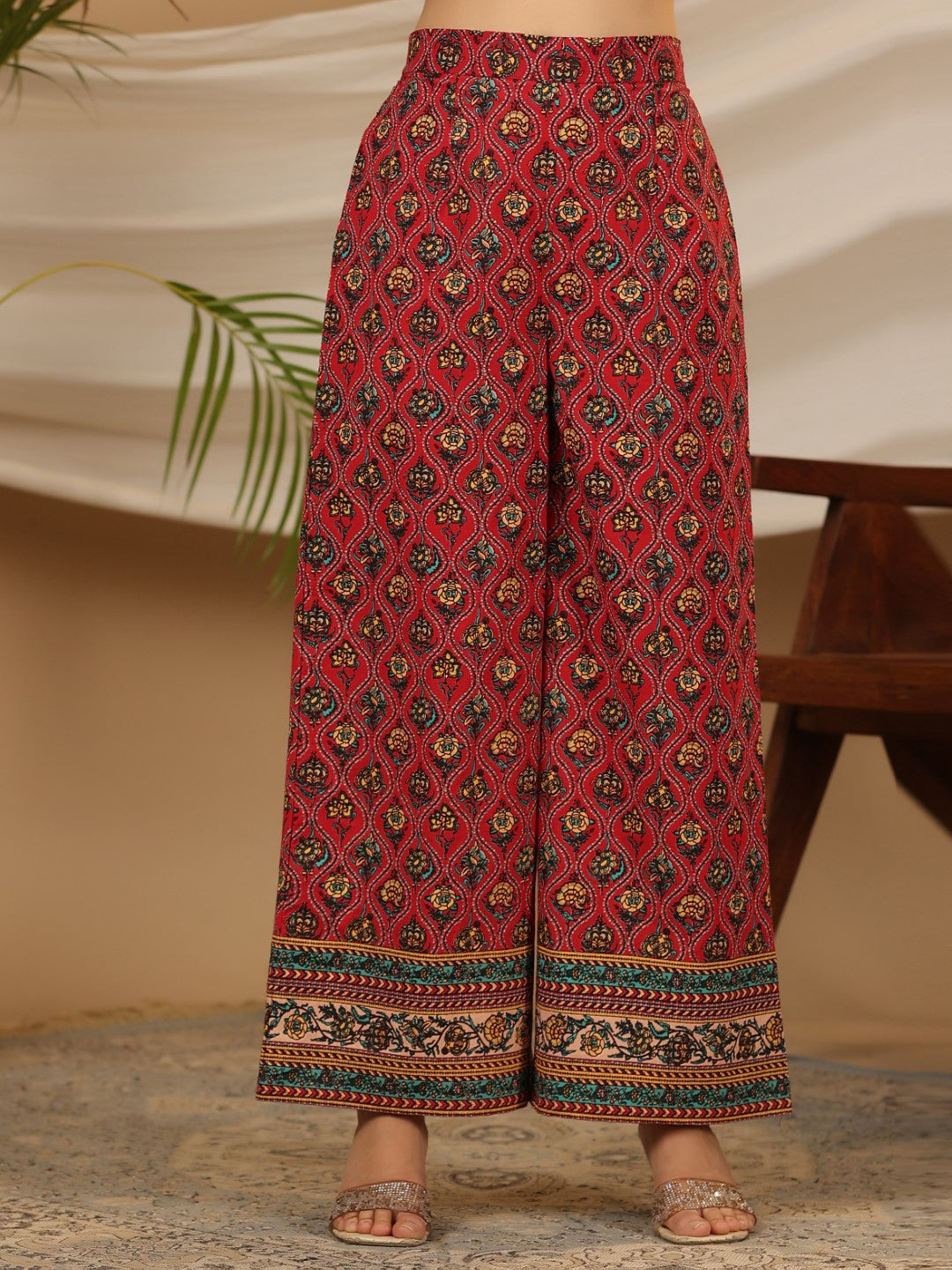 Juniper Red Madhubala Pure Cotton Ethnic Motif Printed Laced Kurta With Palazzo & Dupatta (3-Pcs) - Distacart