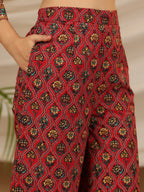 Juniper Red Madhubala Pure Cotton Ethnic Motif Printed Laced Kurta With Palazzo & Dupatta (3-Pcs) - Distacart