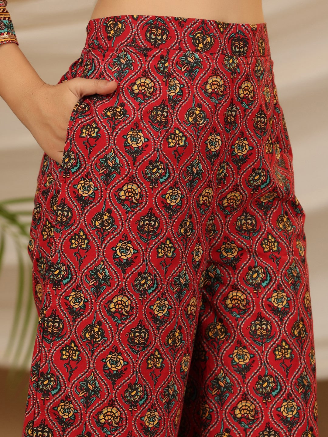 Juniper Red Madhubala Pure Cotton Ethnic Motif Printed Laced Kurta With Palazzo & Dupatta (3-Pcs) - Distacart