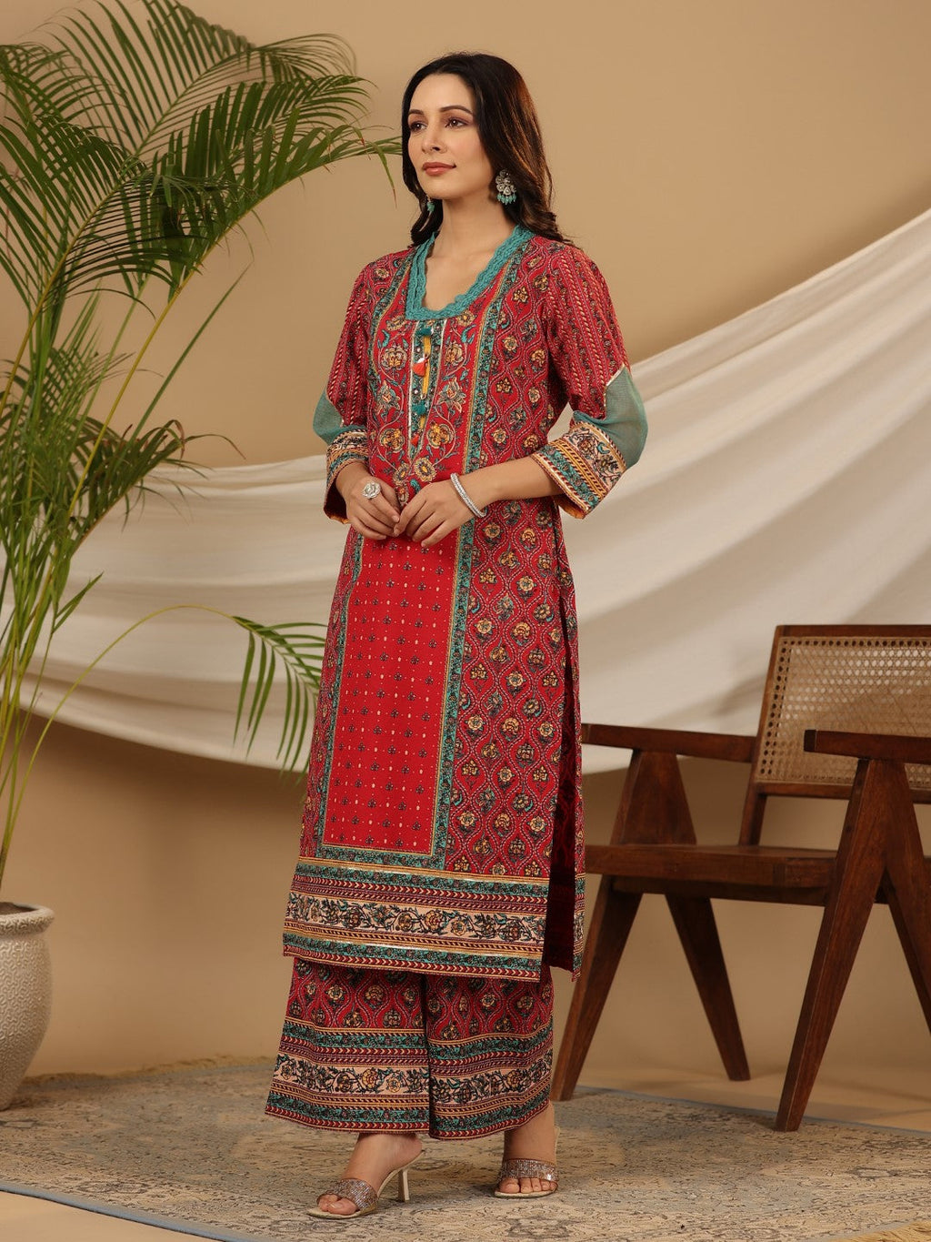 Juniper Red Madhubala Pure Cotton Ethnic Motif Printed Laced Kurta With Palazzo & Dupatta (3-Pcs) - Distacart