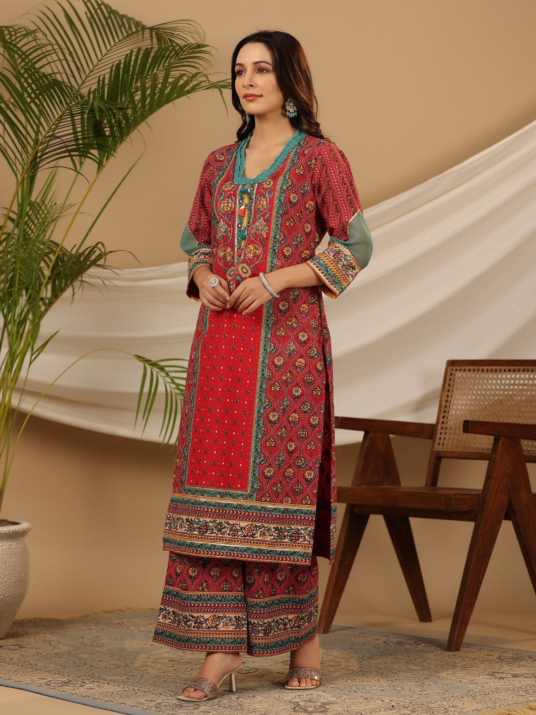 Juniper Red Madhubala Pure Cotton Ethnic Motif Printed Laced Kurta With Palazzo & Dupatta (3-Pcs) - Distacart