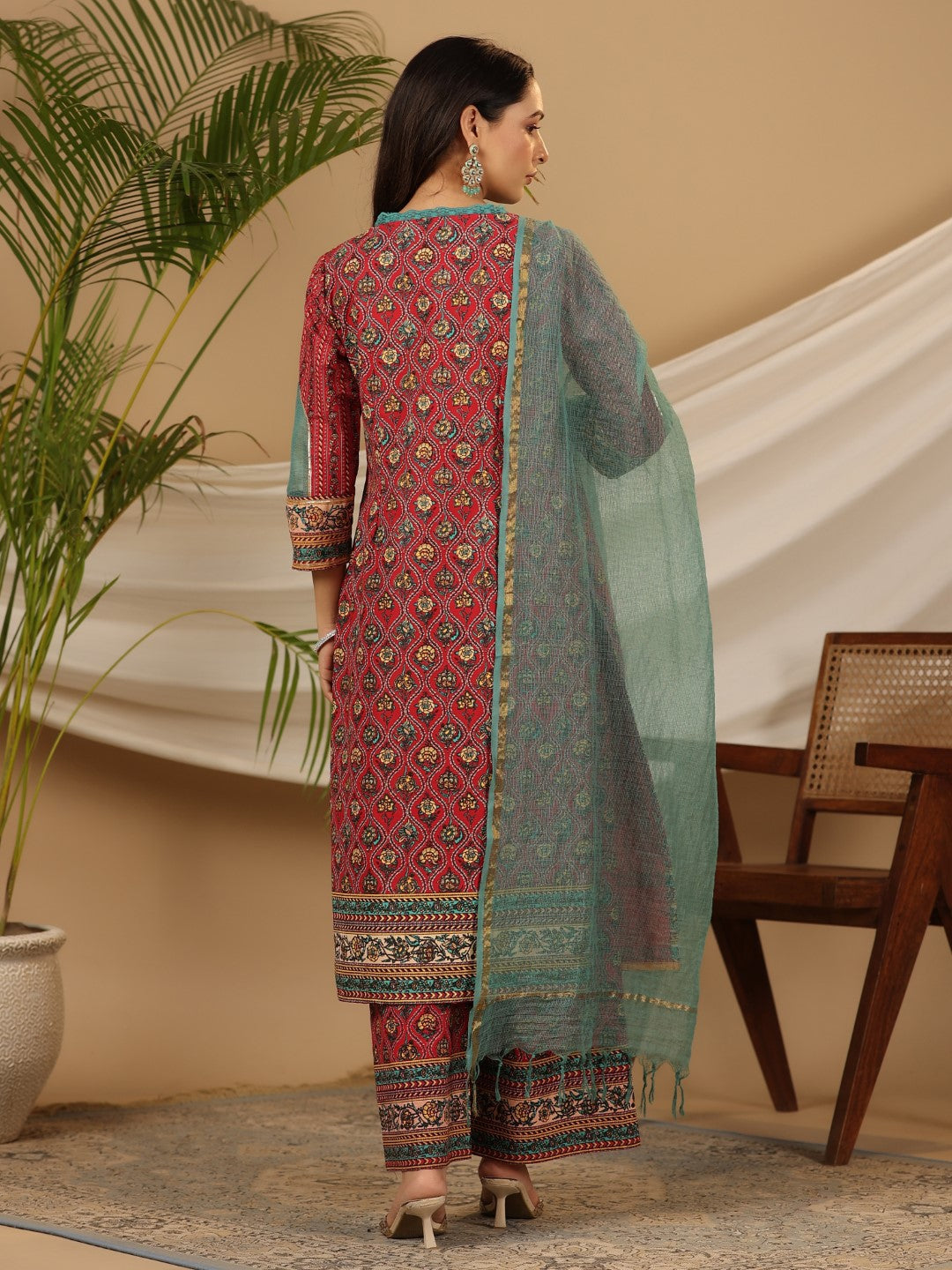 Juniper Red Madhubala Pure Cotton Ethnic Motif Printed Laced Kurta With Palazzo & Dupatta (3-Pcs) - Distacart