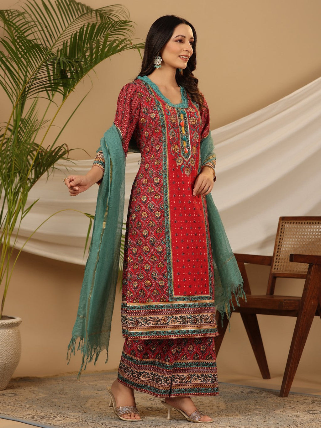 Juniper Red Madhubala Pure Cotton Ethnic Motif Printed Laced Kurta With Palazzo & Dupatta (3-Pcs) - Distacart