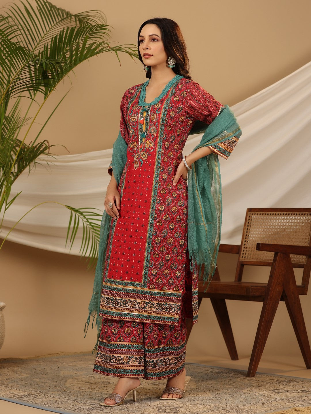 Juniper Red Madhubala Pure Cotton Ethnic Motif Printed Laced Kurta With Palazzo & Dupatta (3-Pcs) - Distacart