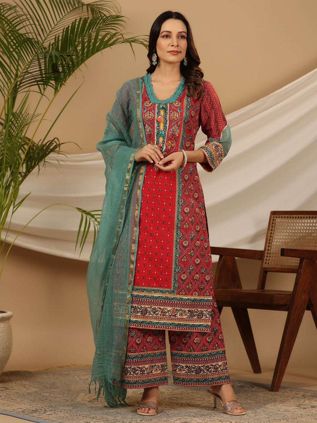 Juniper Red Madhubala Pure Cotton Ethnic Motif Printed Laced Kurta With Palazzo & Dupatta (3-Pcs) - Distacart