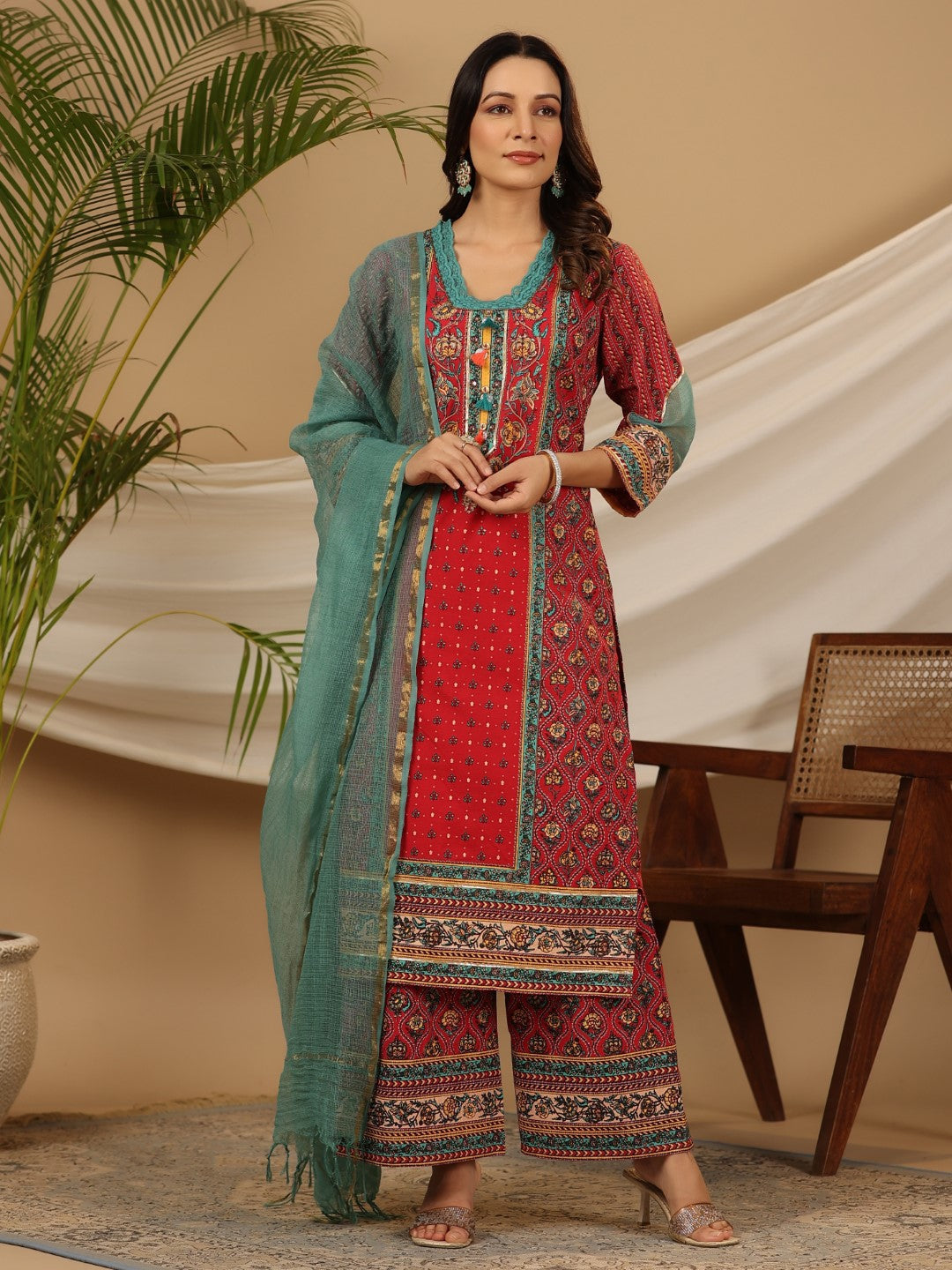 Juniper Red Madhubala Pure Cotton Ethnic Motif Printed Laced Kurta With Palazzo & Dupatta (3-Pcs) - Distacart